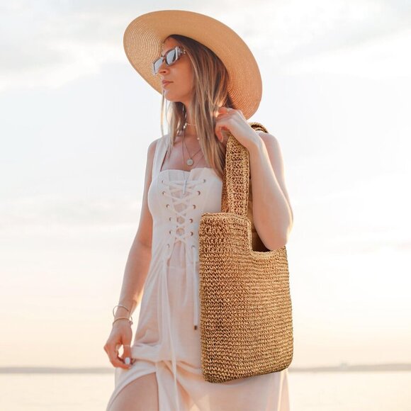 Women Beach Bag Boho Straw Tote Large Leak-Proof Lining Travel Purse - Picture 5 of 7